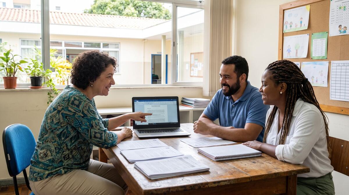 Coordenadora e professores reunidos em volta de uma mesa com notebook e papéis