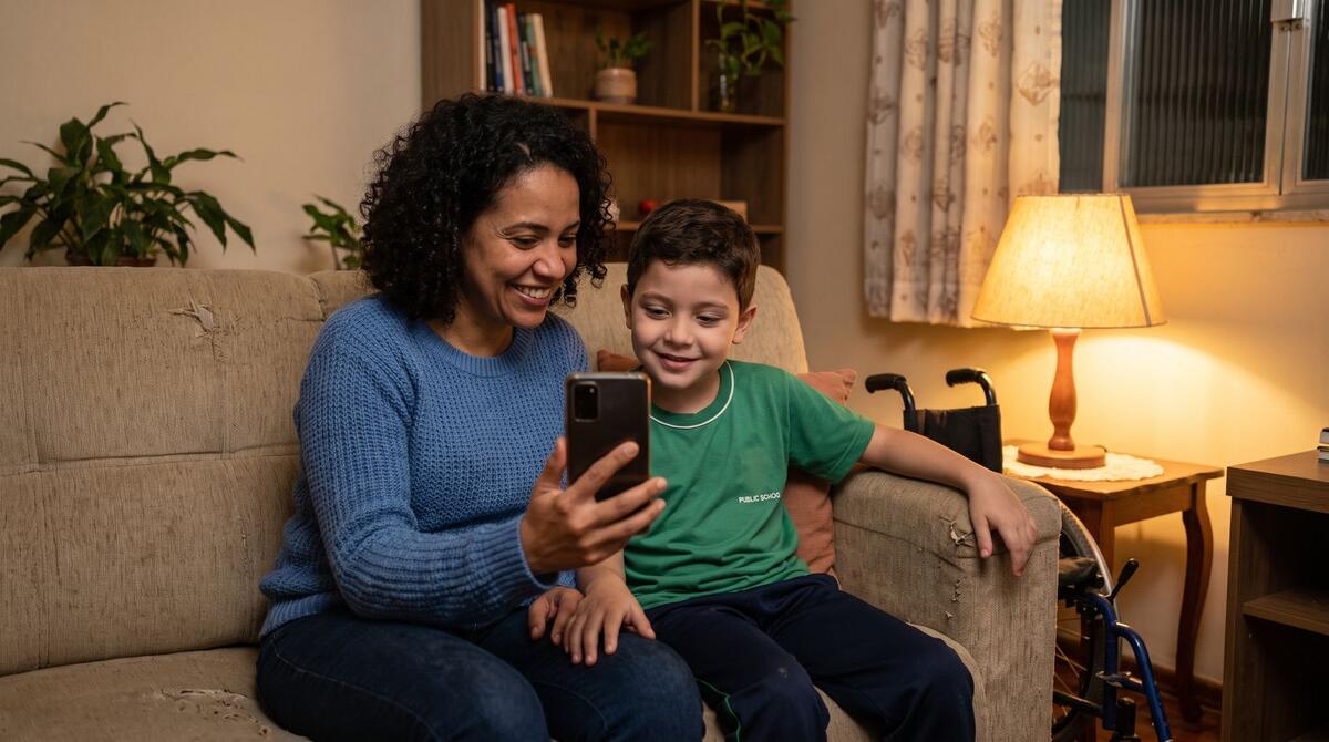 Mãe e filho sentados no sofá de casa olhando juntos o celular