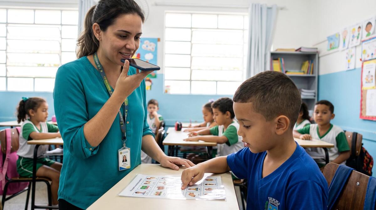 Professora grava um áudio no celular enquanto um aluno aponta numa prancha de comunicação