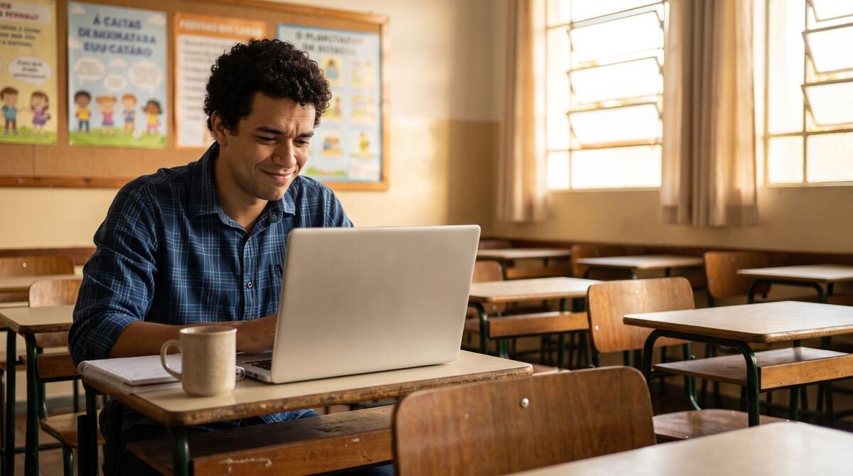 Professor regente trabalha no notebook numa sala de aula